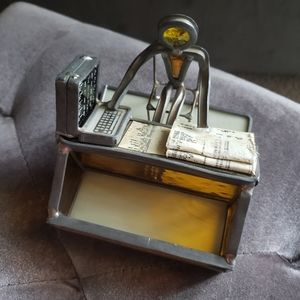 Carl Goeller Style Vintage Stained Glass and Metal Figural Business Card Holder